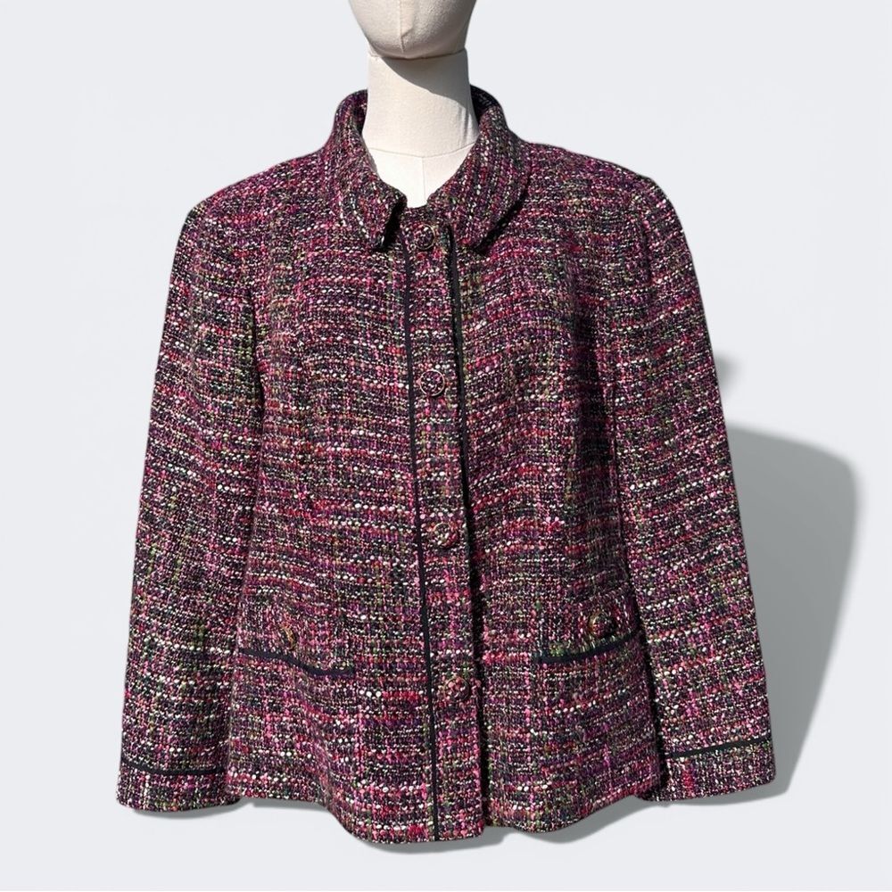 Talbots Tweed Jacket Women 14 Pink Multicolor Boucle Button Front Preppy Gold